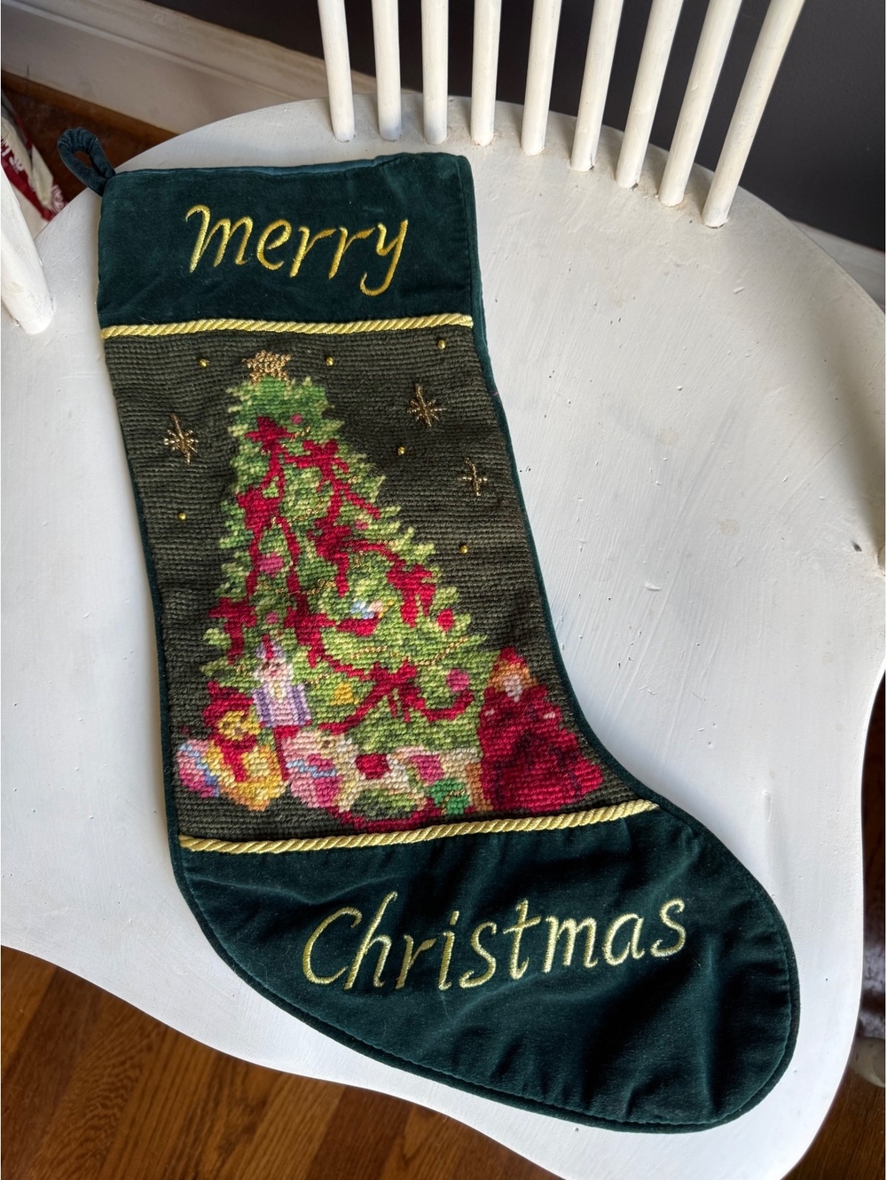 Vintage Vibe Merry Christmas Embroidered Velvet Christmas Stocking